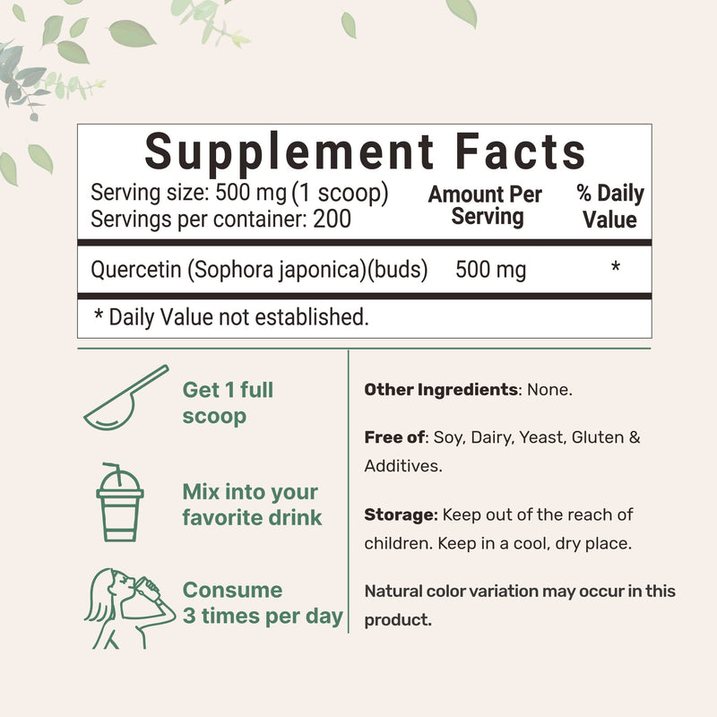 Pure Quercetin Dihydrate Powder, Quercetin 500mg Per Serving, 100 Grams, Most Bioavailable Grade and Filler Free, Powerful Antioxidant Supports Energy, Immune System, No GMOs and Vegan