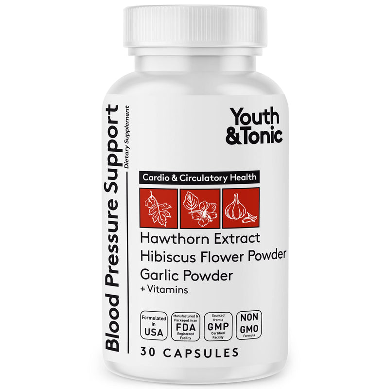 [Australia] - Youth & Tonic Natural Blood Pressure Support Supplement w/Hawthorn Hibiscus & High Potency Diuretic Herbs & Vitamins for Water Retention | 30 BP Capsules to Maintain a Good Health | Women & Men 