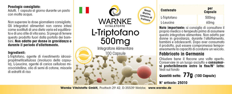 [Australia] - L-Tryptophan 500mg capsules - 100 capsules - high dosage & vegan - amino acid | Warnke vital substances - German pharmacy quality 