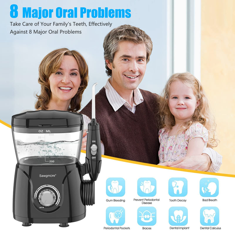 [Australia] - Sawgmore Electric Oral Irrigator with 10 Pressure Levels and 8 Nozzles, Professional Water Flosser for Dental Cleaning, 600ML Water Tank, Perfect for the Family Black 