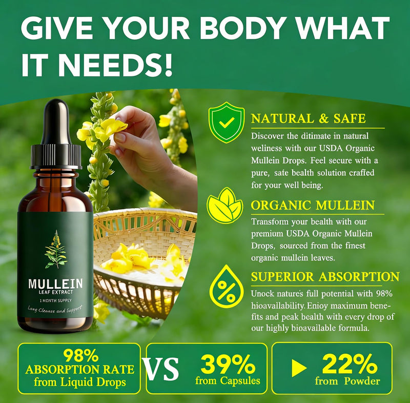 Mullein Drops for Lungs, 2 Pack Mullein Leaf Extract with Chlorophyll, for Lungs Cleanse and Healthy Breathing, 60ml/Pack, 2 Month Supply