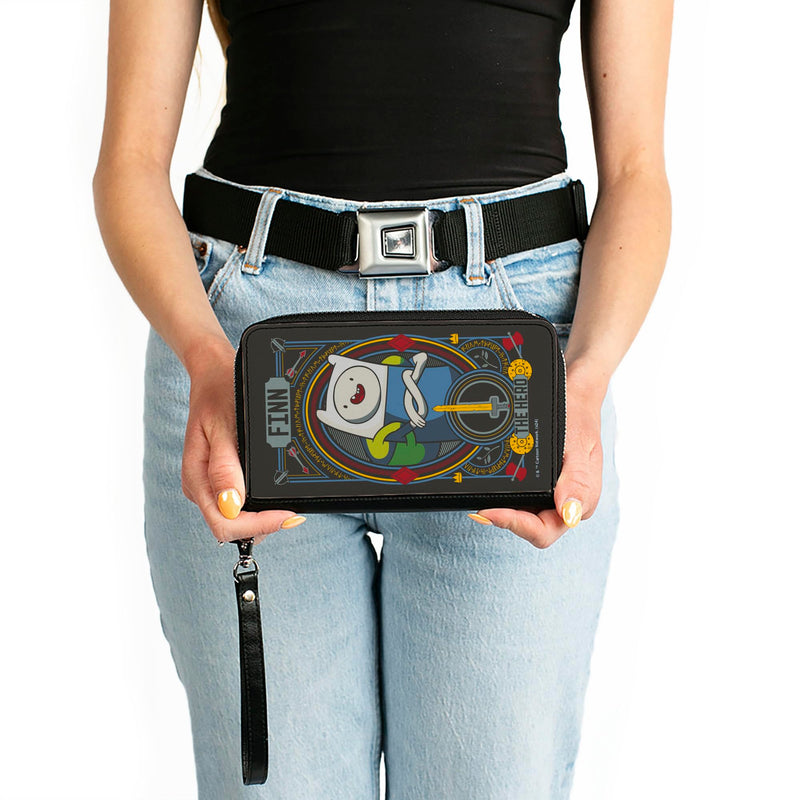 Buckle-Down Adventure Time Vegan Leather Zip Around Wallet | Adventure Time Finn the Hero Pose and Sword Icon Black/Multi Billfold Credit Card and ID Slots