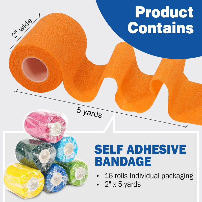 [Australia] - AZEN 16 Pack Self Adhesive Bandage Wrap, 2" X 5 Yards Elastic Cohesive Bandage Wrap, Color Athletic Tape, Vet Wrap, Ankle Tape, Tattoo Grip Tape Wrap B-16color 2IN 