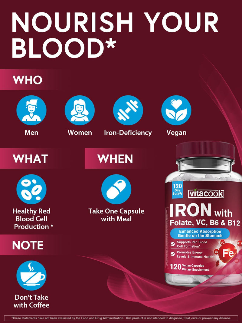 Iron Supplement for Women & Men, Iron Bisglycinate with Vitamin C | Vitamin B6, B12, Folate, Stomach Friendly, Non-Constipating, Blood Health & Energy Boost, 120 Vegan Caps 120 Count (Pack of 1)