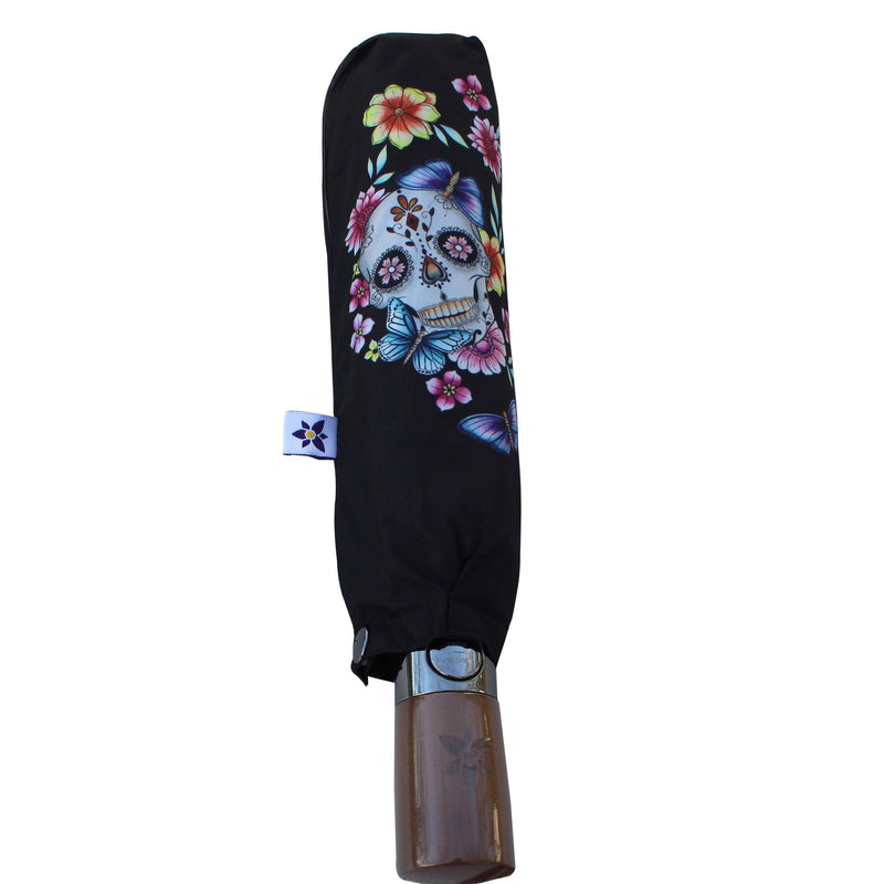 Anuschka Umbrella AUTO Open/Close - UPF 50+ Max Sun protection - 38” Waterproof Canopy - Fits in Handbag - Windproof Flexible Fiberglass - Day of the Dead