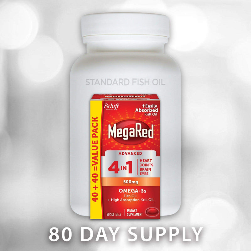 [Australia] - MegaRed Advanced 4-in-1 2X Concentrated 500mg Omega-3 Fish Oil & Antarctic Krill Oil with Fatty Acid, EPA/DHA Supports Heart, Brain, Joints, Eye Health 80 Count Softgels (2 Pack) 80 Count (Pack of 2) 