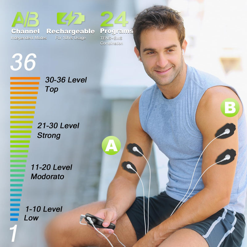 Dual Channel TENS EMS Unit 24 Modes 36 Levels, Upgraded Large Screen Intensity Muscle Stimulator for Back Neck Shoulder Pain Relief, Rechargeable Electric Pulse Massager TENS Machine with 10 Pads Black