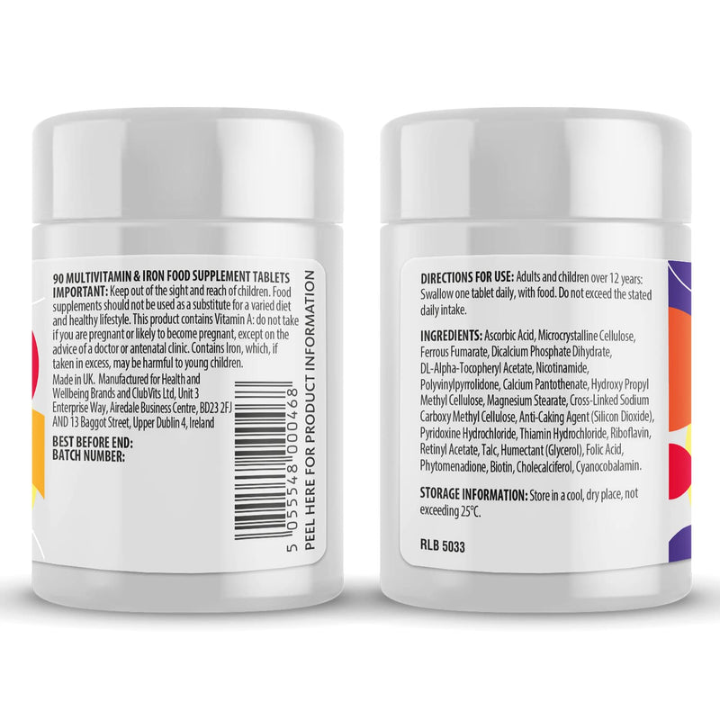 Multivitamin & Iron (180) 2 x 90 Easy to Swallow Tablets (180) with Vitamins A,B,D,C,E and Minerals, One a Day, Support for Immune System,