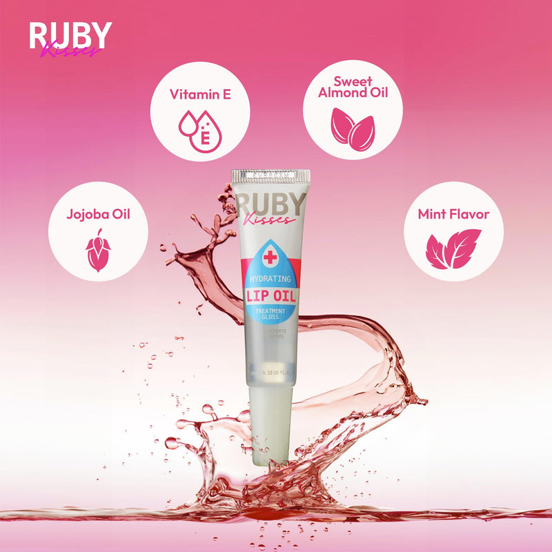 Ruby Kisses Hydrating Clear Lip Oil Treatment Gloss (6 Pack), Hydrates & Heals with Vitamin E & Jojoba, Lightweight Non-Greasy Formula with Almond Oil, Repair & Protect Dry Chapped Lips 0.33 Fl Oz (Pack of 6)