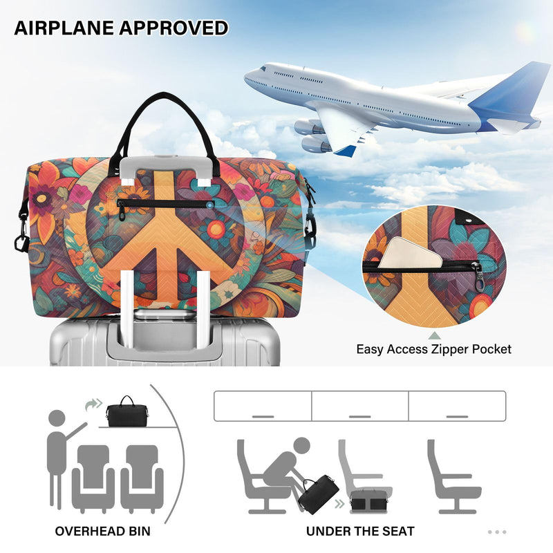 Duffel Bag Set with Toiletry Bag for Travel Gym Sport, Luggage Sleeve Weekender Bag Carry on Overnight Bag-Hippie Peace Print