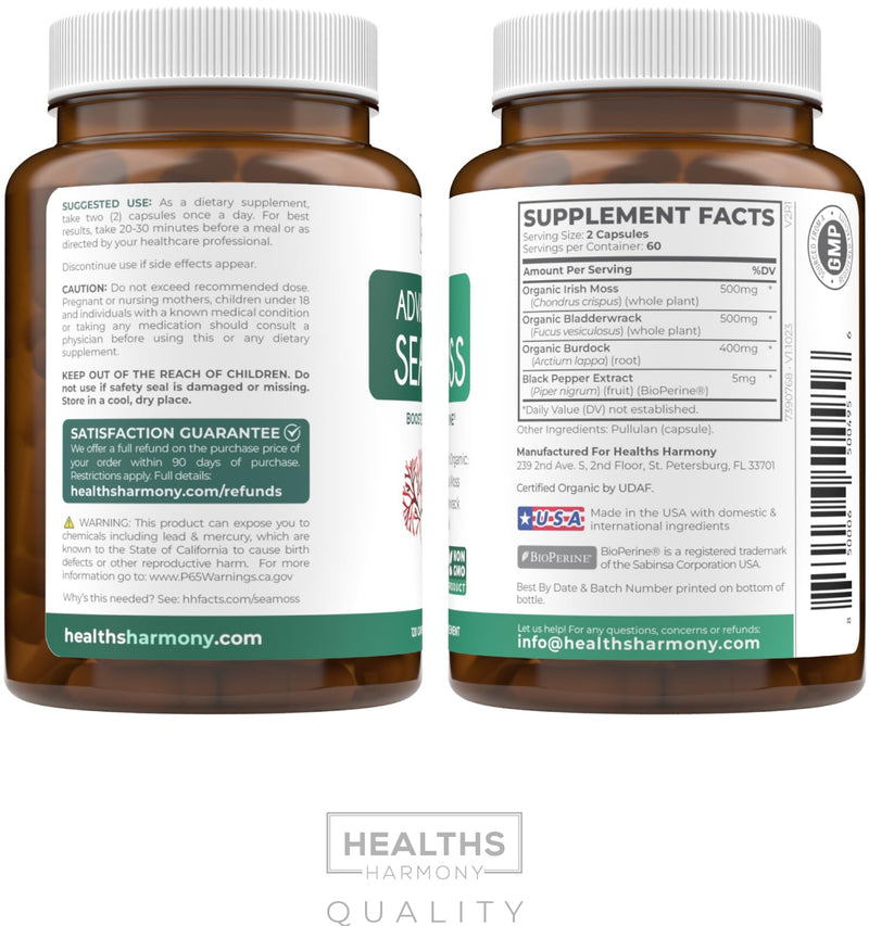 Organic Irish Sea Moss Capsules - Organic Sea Moss Capsules with Bladderwrack Burdock Root and Black Pepper Extract for Enhanced Absorption - Vegan Non-GMO & Made in The USA (2 Month Supply) 120 Count (Pack of 1)