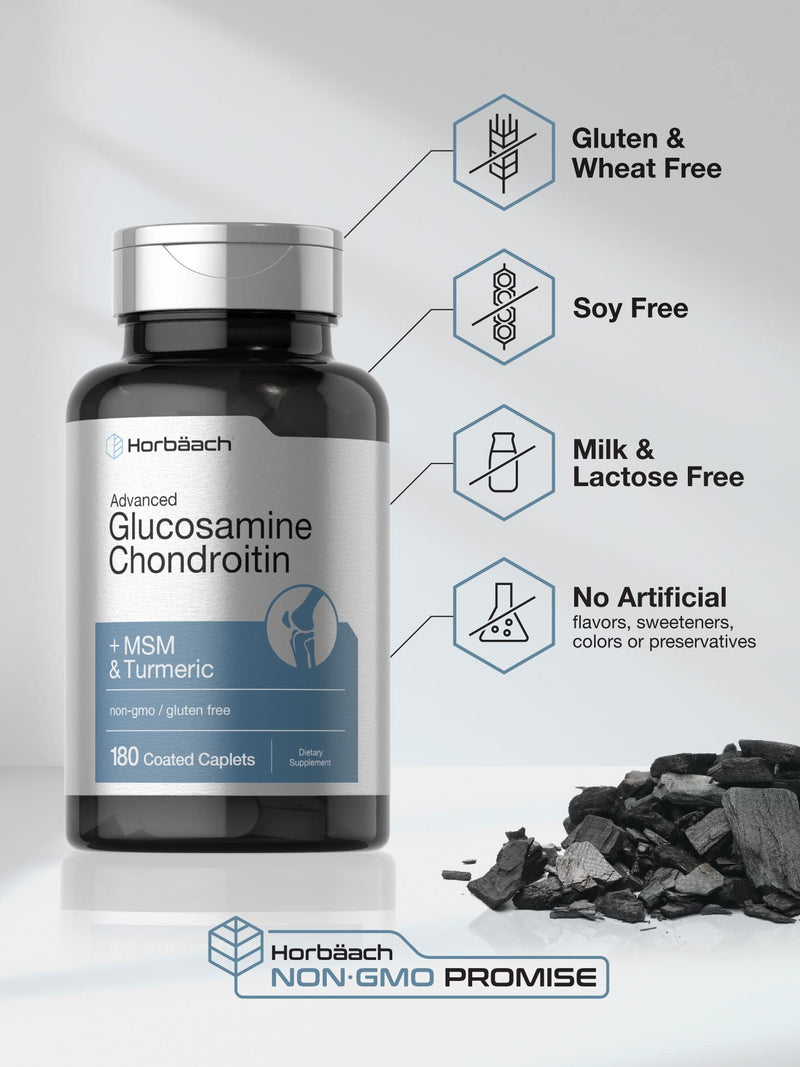 Horbäach Glucosamine Chondroitin | Plus MSM & Turmeric | 180 Coated Caplets | Non-GMO, Gluten Free Supplement 180 Count (Pack of 1)