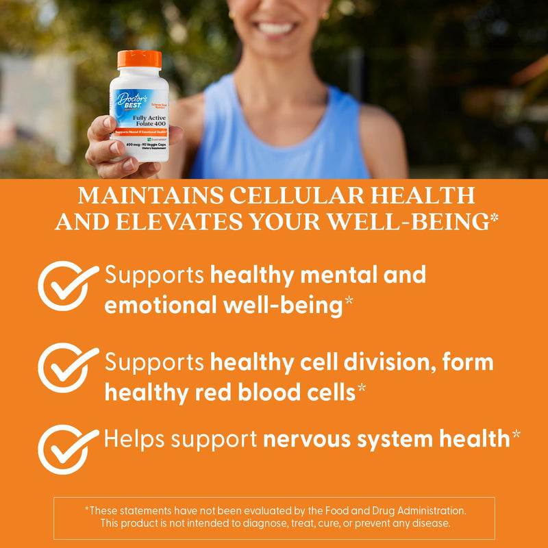 Doctor's Best Fully Active Folate with Quatrefolic400 mcg, Healthy Mood, Memory, Circulation, Well-Being, 90 VC 400 mg