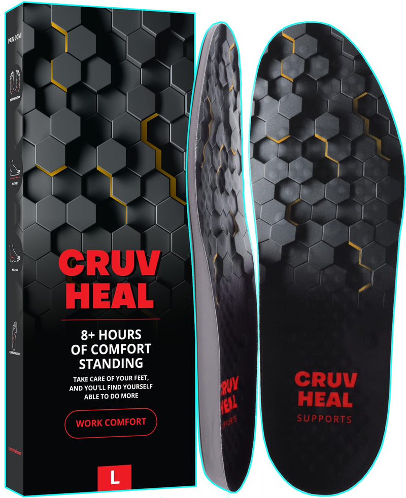 (New) Work Comfort Orthotic Insoles - Anti Fatigue Shoe Insert Men Women - Low Arch Support - Shock Absorption - Foot Pain Relief - Work Boot Insoles (Black Hexagons, L) Black Hexagons L(Men 9.5-10.5||Women 10.5-11.5)