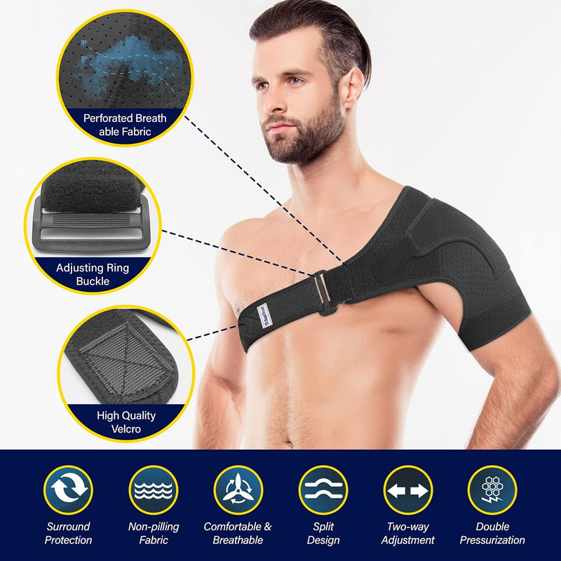 Suptrust Shoulder Brace for Men and Women: Adjustable Shoulder Wrap for Pain Relief, AC Joint, Torn Rotator Cuff, Injuries, Tendonitis - One Size Regular/Dark Black
