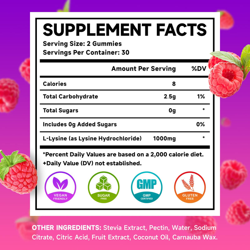 [Australia] - L-Lysine 1000mg Gummies, Lysine Supplement for Adults & Kids, Essential Amino Acid Supplement for Lips & Oral Health, Boost Immune & Collagen & Calcium, Sugar-Free, Raspberry Flavor, 60 Count 60 Count (Pack of 1) 