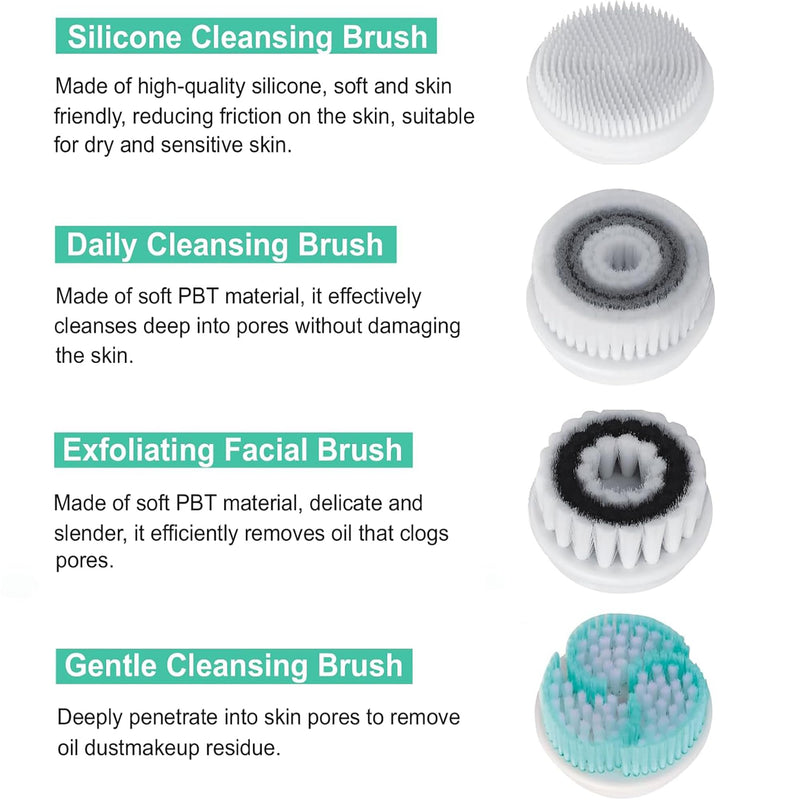 [Australia] - Facial Cleansing Brush, Electric Face Scrubber with 4 Cleanser Heads and 2 Speeds Adjustable for Deep Cleaning, Portable Rechargeable and Waterproof Face Wash Brush for Women & Men (Green) Green 