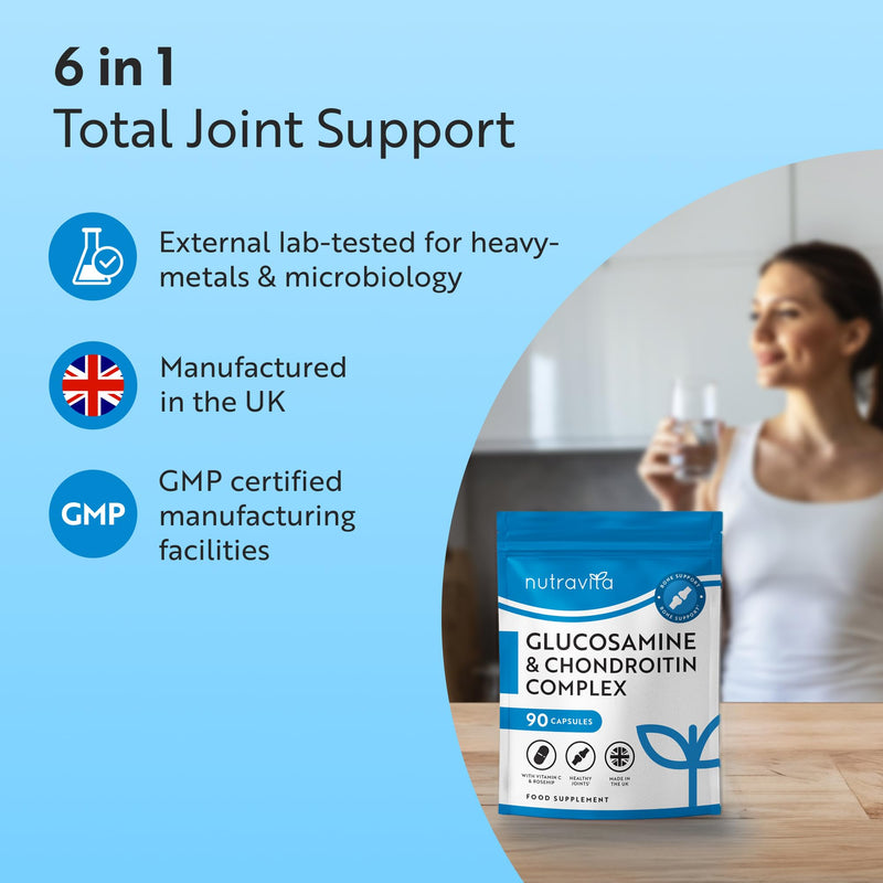Nutravita Glucosamine and Chondroitin - 90 Capsules - Glucosamine and Chondroitin High Strength - 6-in-1 Complex with Added Vitamin C, Turmeric, Ginger & Rosehip - Food Supplements Made in The UK