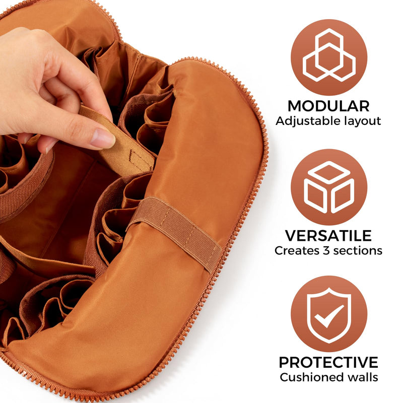Travel Makeup Organizer Bag with Fold-Down Design and Adjustable Dividers, 27 Pockets & 3 Brush Storage Holders, Large Capacity Cosmetic Bags Toiletry Case - Brown Medium