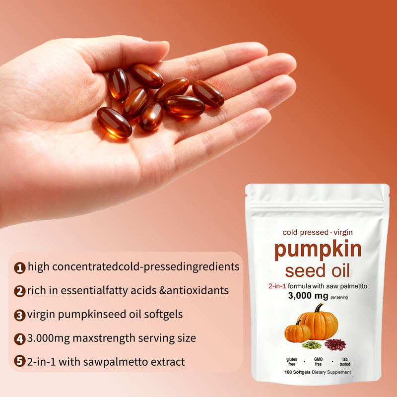 Pumpkin Seed Oil, Pumpkin Seed Oil Capsules | Cold Pressed - Good for Hair Health - Non-GMO | 180 pc / 1 Bag