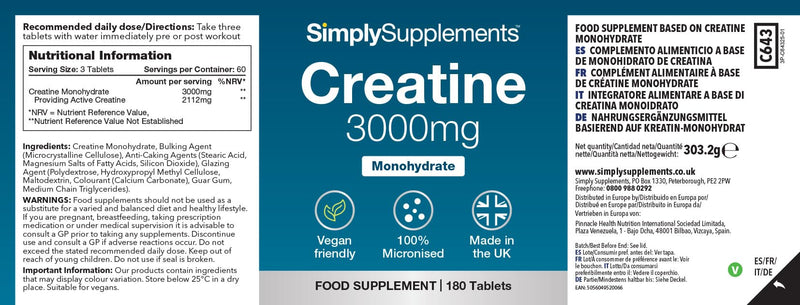 Creatine Monohydrate 3000mg | Support Strength, Muscle Power & Performance | 100% Micronised & Fast Absorbing | Vegan & Vegetarian Friendly | 180 Tablets = 2 Months’ Supply | Made in the UK