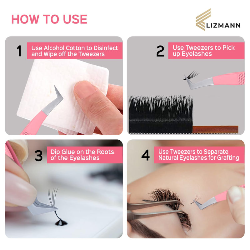 LIZMANN Eyelash Extension Tweezers (Pink Set of 7) – Professional Fiber Tip Lash Tweezers for Classic & Volume Lashes – Anti-Static Japanese Steel PACK OF 7 Pink