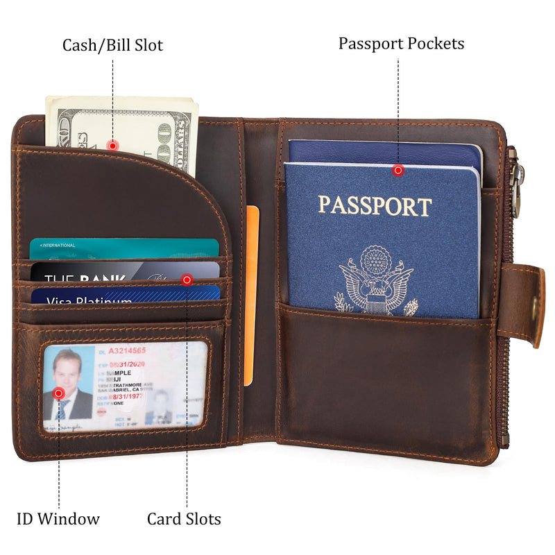 Polare Leather Passport Holder RFID Blocking Travel Bifold Wallet | Snap Closure, Full Grain Cowhide Leather, Fits 2 Passports, Slim Wallet, Travel Essentials, Zip Coin Pocket, Dark Brown Dark Brown with Zipper Pocket