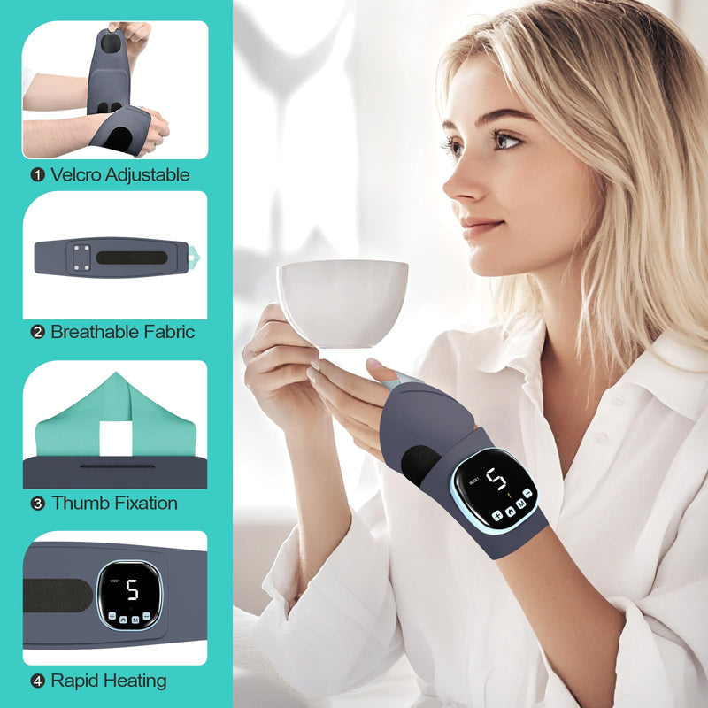 Electric Hand Massager with Heat, Cordless Wrist Heating Pad TES Muscle Stimulator for Pain Relief Therapy, Adjustable Length for Daily & Sports, Universal Left & Right Electric Hand Massager