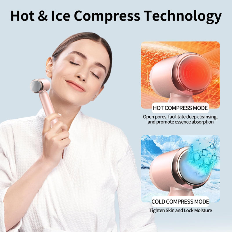[Australia] - Electric Facial Cleansing Brush,8-in-1 Face Cleansing Brush with Hot & Cold Compress, 6 Brush Heads, 3 Spin Speeds, Waterproof face Scrubber for Exfoliating, Deep Cleansing,Massaging (Pink) Pink 