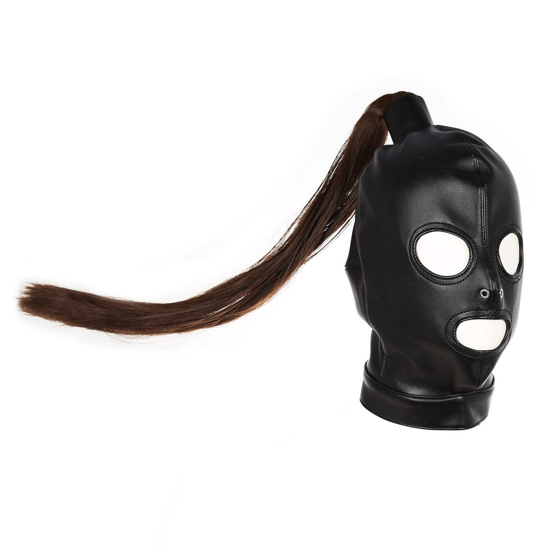 [Australia] - PU Leather Bondage Mask Hood SM Sex Toy with Removable Wig, Unisex Adult Eyes Mouth Open Black Restraint Headgear Mask Hood Breathable Blindfold Face Cover Blindfold Cosplay 