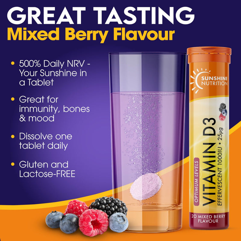 Vitamin D Effervescent 1000IU| Mixed Berry Flavour|20 Tablets x 6| Sunshine Nutrition Mixedberry 20 ( Pack of 6)