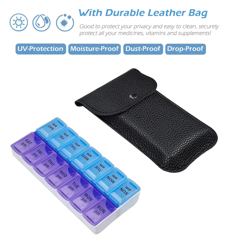 VOFOON Travel Pill Organizer 2 Times a Day, Large AM PM Pill Organizer 7 Day, PU Leather Daily Pill Box Case, Weekly Pill Medicine Organizer for Vitamins Medicine Fish Oils Supplements (L Size) Large 7 Days x 2 Compartments Black