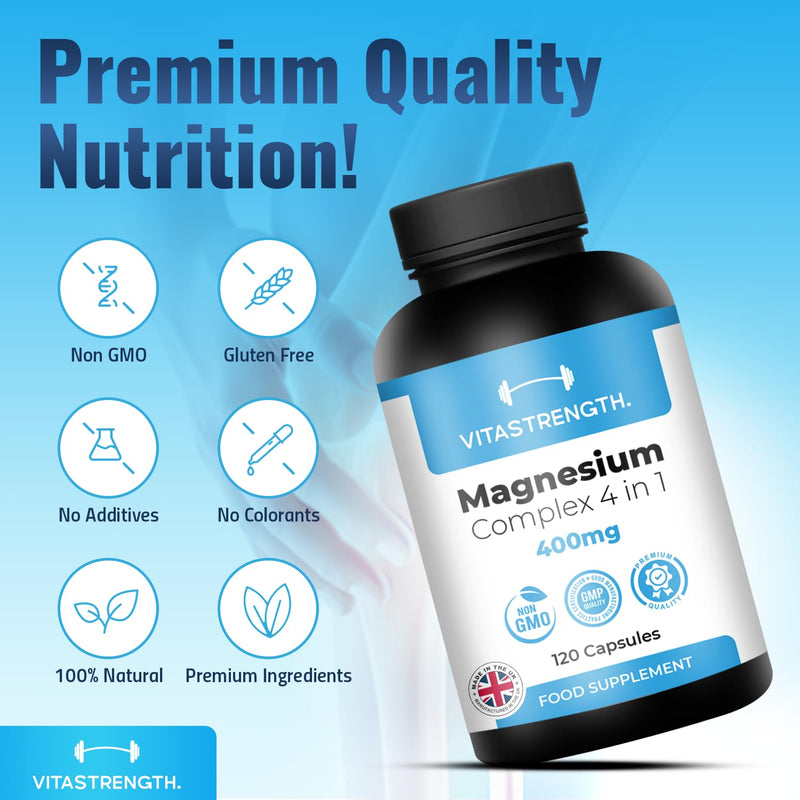 Magnesium Supplement 4 in 1 – 120 Capsules, 400mg Daily Dose-with Magnesium Bisglycinate,Citrate,Malate & Carbonate-Essential Mineral Complex for General Well-Being & Daily Support by VITASTRENGTH.