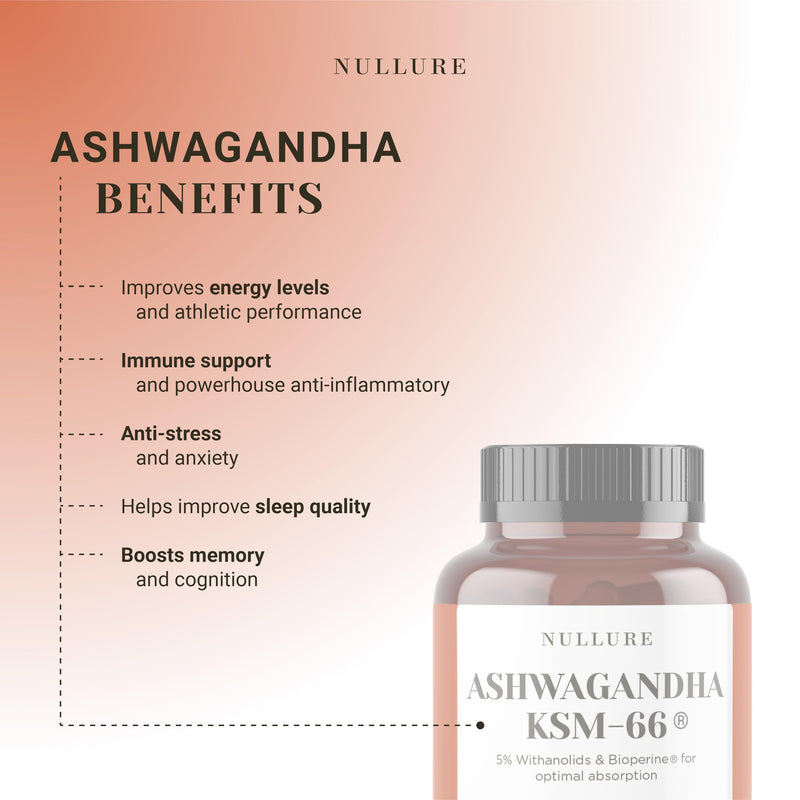 Nullure Organic Ashwagandha KSM-66 + Bioperine | Vegan | 600mg | Anxiety Relief · Anti-Stress (Cortisol) · Endurance · Sleep Quality | Additives Free | 5% Withanolides | 120 Capsules (2 Months)