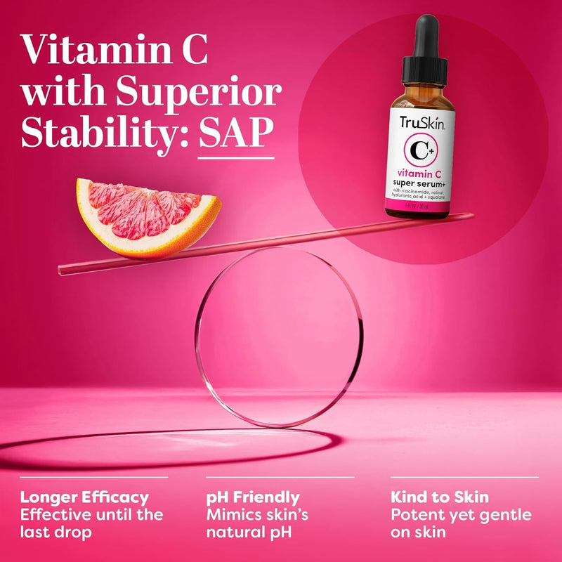 TruSkin Vitamin C Super Serum for Face, 5 Skin Benefits, 1 fl oz | Vitamin C, Retinol, Niacinamide, Hyaluronic Acid and Squalane to brighten, firm, smooth, hydrate, and refine skin 1 Fl Oz (Pack of 1)
