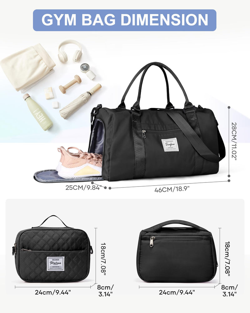 Gym Bags with Shoes Compartment,Personal Item Travel Duffel Bag Black | Travel Duffel Bag with Toiletry Bag Carry On Tote Bags Weekender Overnight Bag for Travel Essentials and Travel Accessories D1-Black+2Pcs Toiletry Bag