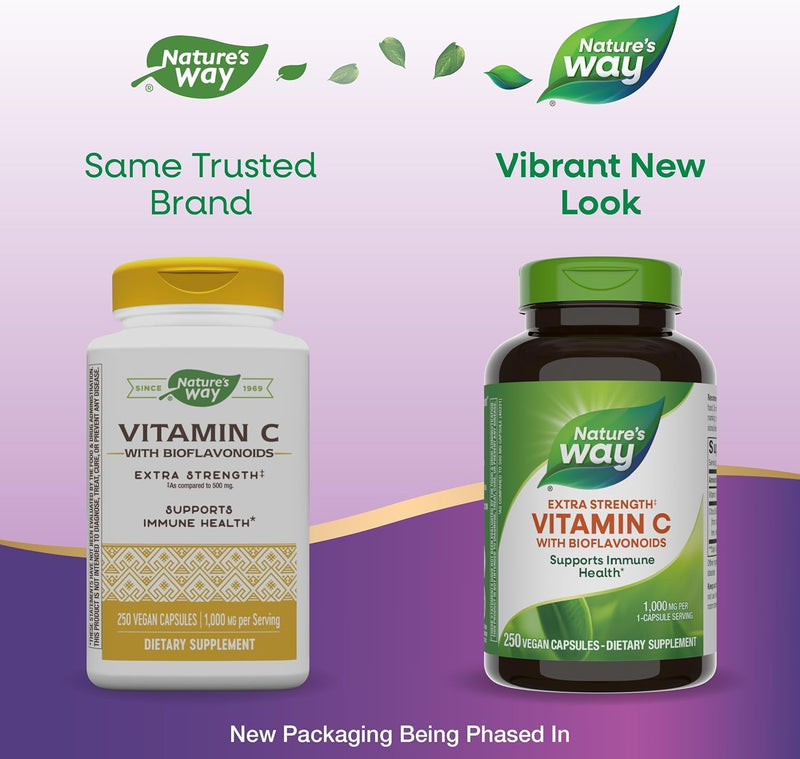 Nature's Way Extra Strength(1) Vitamin C with Bioflavonoids, Supports Immune Health*, Promotes Collagen Production for Healthy Skin*, 1,000 mg per Capsule, 250 Vegan Capsules (Packaging May Vary)