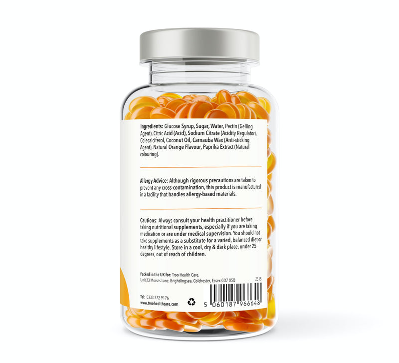 Troo Health Care Vitamin D3 4000iu - 150 Natural Orange Flavour Chewable Gummies - Five Months Supply - Non GMO Tasty Gummy Supplement to Support Immune Function and Help Maintain Bones and Teeth 150 count (Pack of 1)