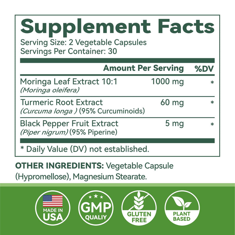 [Australia] - Moringa Capsules 1000mg, Moringa Leaf Extract 10:1, Complete Green Superfood, for Energy, Sleep, Immune & Gut Health, Veg Capsules 60 Count, All-Natural, Non-GMO, Made in USA 
