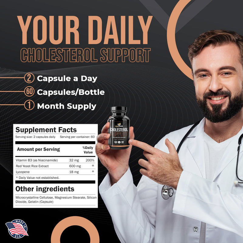 [Australia] - Cholesterol Support Supplement - Heart Health Support Formula with Vitamin B3, Red Yeast Rice & Lycopene, Made in USA, 2 Capsule Daily, 30 Days Supply 