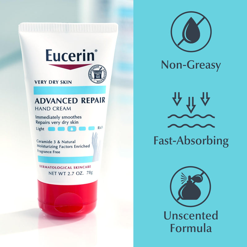 Eucerin Advanced Repair Hand Cream, Urea Enriched, Multipack, 3 x 2.7 OZ | Hand Cream for Dry Hands and Very Dry Skin, with Urea, Ceramide and NMF, Travel Size Hand Cream, Fragrance Free 2.7 Ounce (Pack of 3)
