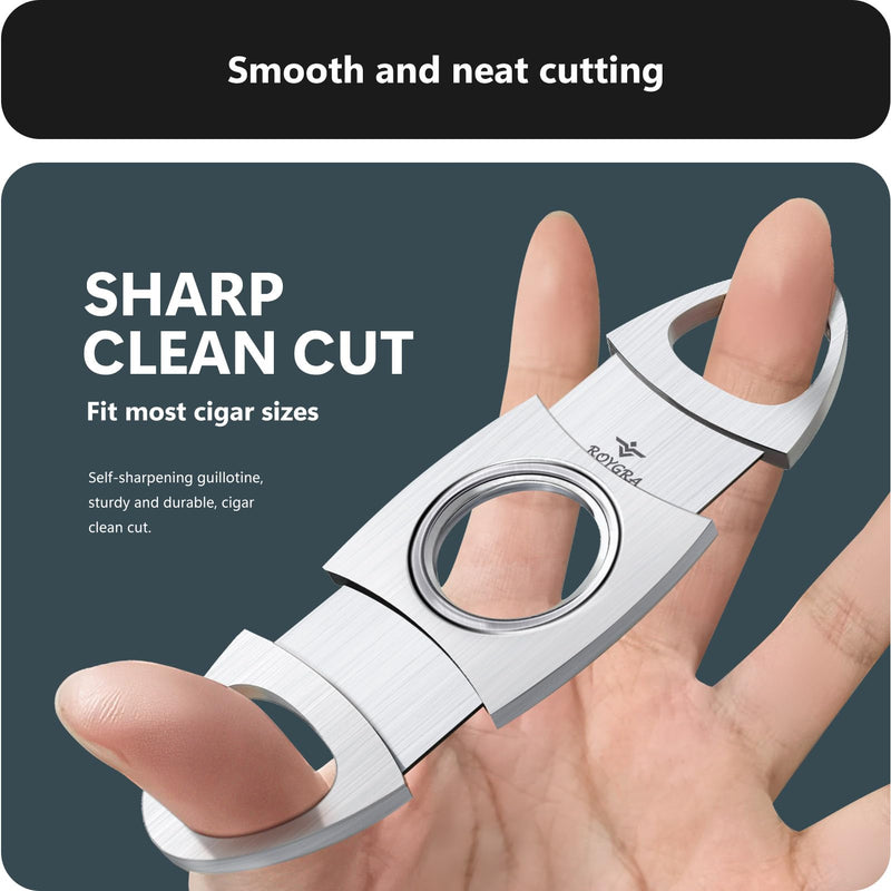 [Australia] - roygra Cigar Cutter with Leather Protector, Stainless Steel Double Blade Guillotine (Silver) Silver 