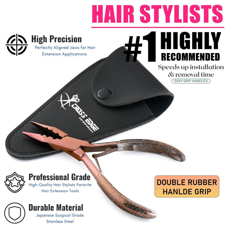 Pro Hair Extension Tools Mini 3 Holes Silicone Micro Beads & Nano Rings Hair Extensions Opener & Remover Pliers Hair Tinsel Feathers Fitting Plier Micro Bead Crimping Plier (Rose Gold Titanium Coated) Black,rose Gold