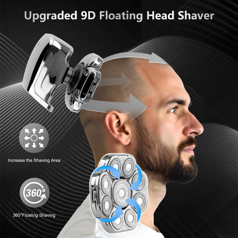 [Australia] - 9D Head Shaver for Bald Men, 5-in-1 Electric Razor for Men with Nose Hair Trimmer, Cordless Rechargeable & Waterproof Bald Head Shavers for Wet/Dry with Large Battery, LED Display, Birthday Gifts 