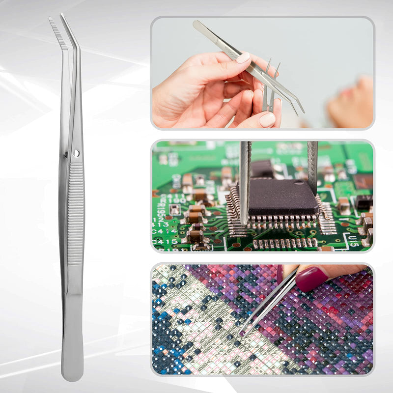 Honoson 10 Pcs Stainless Steel Tweezers for Crafting with Curved Serrated Tip Multipurpose Forceps Sewing Machine Tweezers Bulk (Silver) Silver