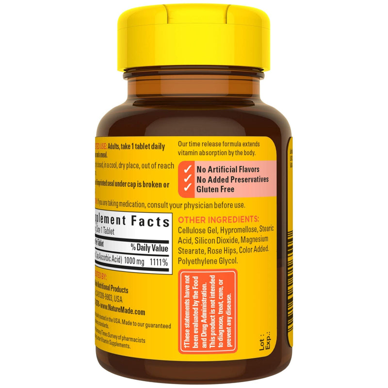 Nature Made Vitamin C 1000 mg Time Release Tablets with Rose Hips, 60 Count to Help Support the Immune System (Pack of 2)