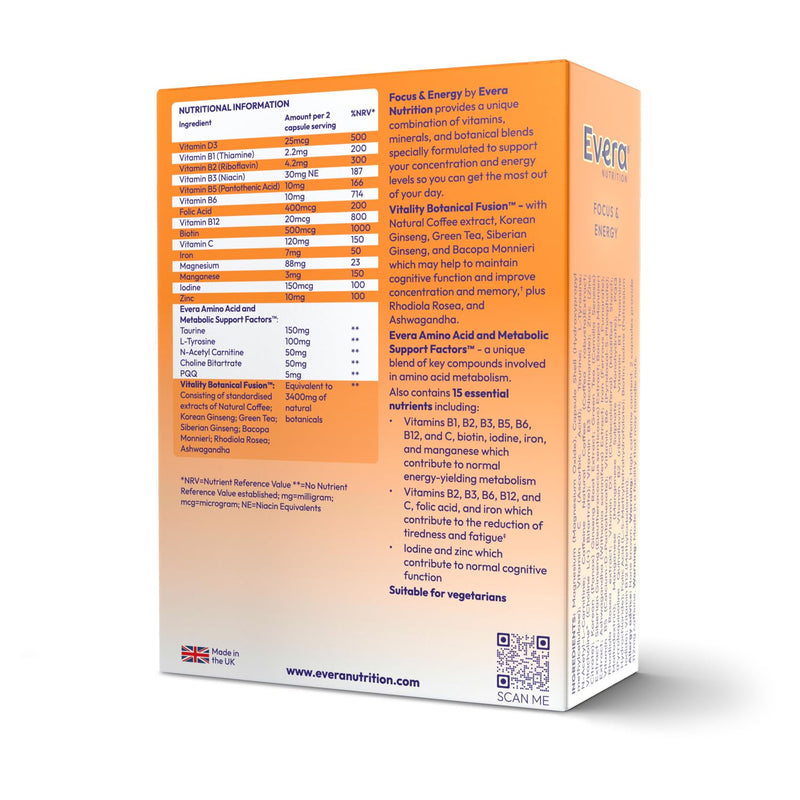 Focus & Energy, 60 Capsules | Supports Concentration, Memory & Cognitive Function | Helps Reduce Tiredness & Fatigue | 7 Botanicals + 15 Essential Vitamins & Minerals