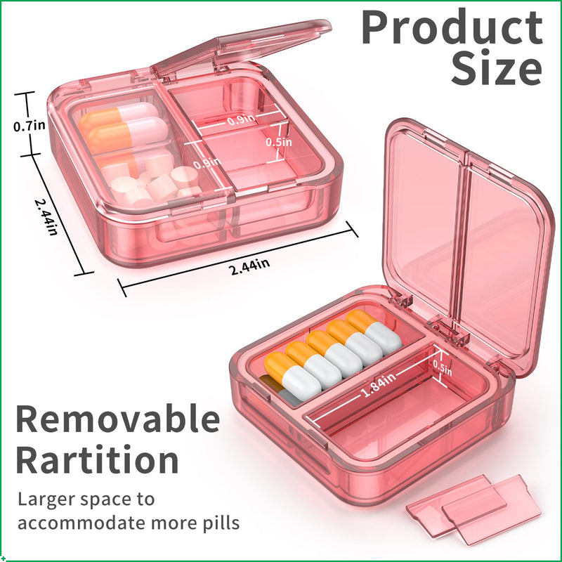 Small Pill Box,4 Compartments Travel Pill Case, Portable Pill Organizer,Mini Pill Container for Pocket,Daily Compact Travel Medicine Holder for Vitamins Fish Oil and Supplement Storage(Pink+Purple) Pink+purple