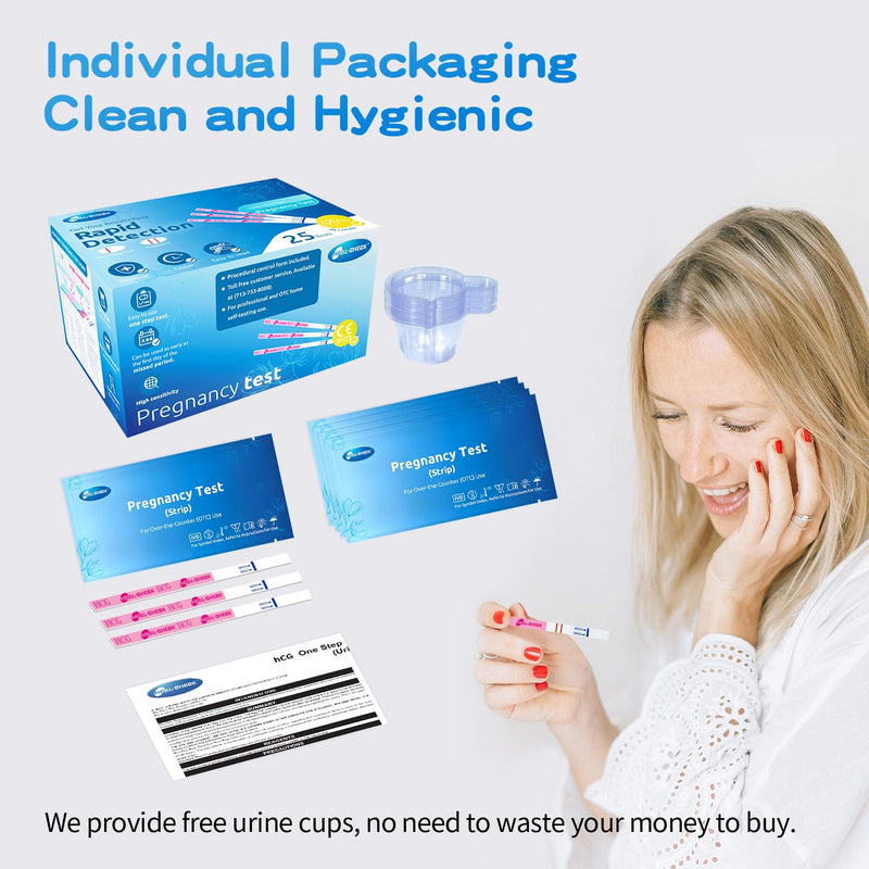 HEAL-CHECK Pregnancy Tests with Cup, Bulk Pregnancy Test Strips for Home Detection, Over 99% Accuracy, Individually Wrapped, Extra-Wide 5mm HCG Test Kit Comfortable Grip, 25 Count, Pruebas De Embaraz 1 Count (Pack of 25)