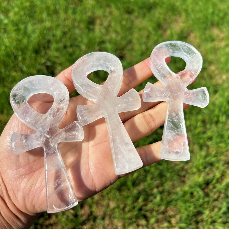 4" Cross Crystal Worry Stones Natural Clear Crystal Ankh Cross Carved Rose Quartz ，Aventurine Crystal Skull Reiki Healing 1pc (Clear Crystal)
